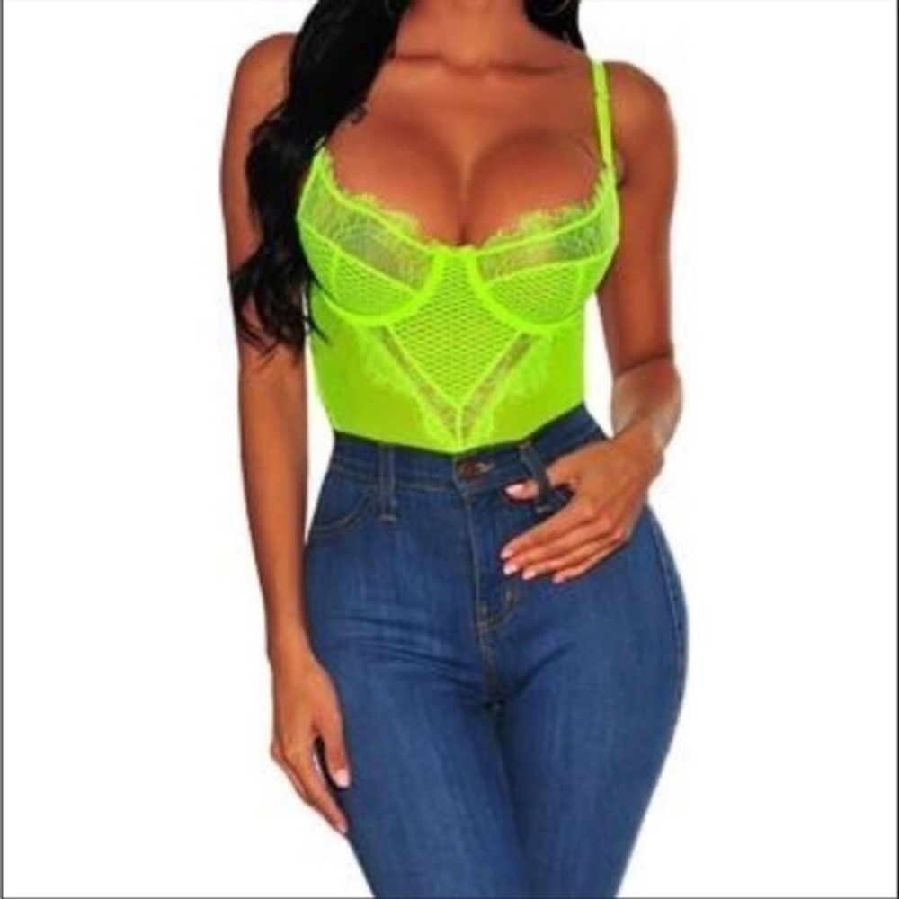 Neon Green Lace Bodysuit Sheer Mesh Bustier Thong One Piece NWT - Picture 3 of 4